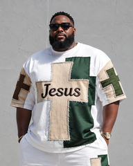 Big & Tall Men's JESUS Cross Patchwork Printed Round Neck Short Sleeve T-Shirt Shorts Set