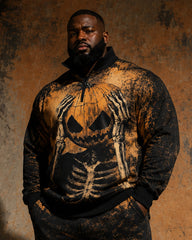 Big & Tall Men's Skull Pumpkin Print Half-Zip Sweat Set