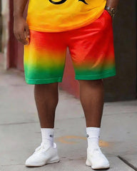 Big & Tall Men's Reggae Color Crown K Gradient Printed Crewneck Short Sleeve T-Shirt Shorts Set