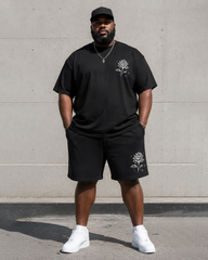 Big & Tall Men's Black And White Sketch Rose Cross Front And Back Printed Round Neck Short Sleeve T-Shirt Shorts Set
