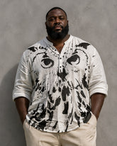 Big & Tall Men's Black And White Owl Art Graffiti Print Lt Collar Long Sleeve Shirt