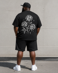 Big & Tall Men's Black And White Sketch Rose Cross Front And Back Printed Round Neck Short Sleeve T-Shirt Shorts Set