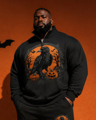 Big & Tall Men's Halloween Crow Pumpkin Print Half Zip Sweat Set
