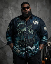 Big & Tall Men's Deep Sea Ghost Sailing Pumpkin Print Long Sleeve Shirt