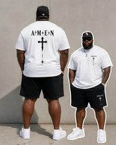 Big & Tall Men's Faith AMEN Gothic Cross Front And Back Printed Crewneck Short Sleeve T-Shirt Shorts Set
