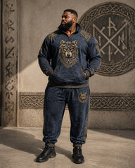 Big & Tall Men's Viking Wolf Head Rune Print Half Zip Sweat Set