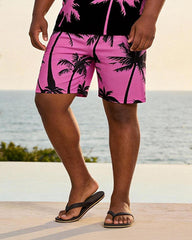 Big & Tall Men's Black Pink Contrast Coconut Print Round Neck Short Sleeve T-Shirt Shorts Set