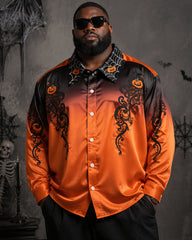 Big & Tall Men's Halloween Gradient Orange Black Pumpkin Print Long Sleeve Shirt