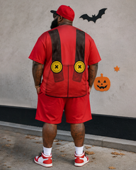 Big & Tall Men's Cartoon Print Round Neck Short Sleeve T-Shirt Shorts Set With Strap Button