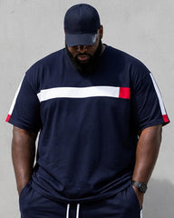 Big & Tall Men's Navy Blue White Red Contrast Striped Printed Crew Neck Short Sleeve T-shirt Shorts Set