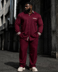 Big & Tall Men's Wine Red Contrast Printed Long Sleeve Shirt Pants Set