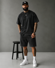 S-3XL Heavyweight Pure Cotton Washed-and-distressed T-shirt And Capri Pants Casual Set