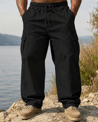 S-3XL Men's Cotton And Linen Overalls Multi-pocket Loose-fit Trousers