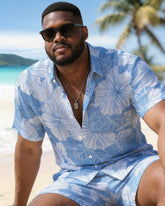 Big & Tall Men's Blue Hibiscus Flower Print Short Sleeve Shirt Shorts Set