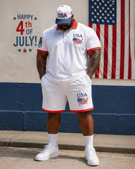 Big & Tall Men's Red And White Edge USA Flag Printed POLO Short Sleeve Shorts Set