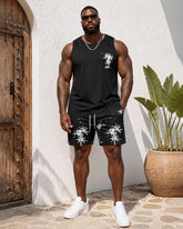 Big & Tall Men’s Black-Base Coconut Tree Print Tank Top And Shorts Set