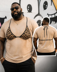 Big & Tall Men's Khaki Bottom Leopard Sling Bikini Fun Printed Round Neck Short Sleeve T-Shirt