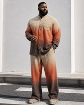 Big & Tall Men's Retro Coffee Orange Gradient Printed Collar Long Sleeve Shirt Pants Suit