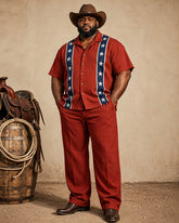 Big & Tall Men's Western Red Blue And White Star Printed Short Sleeve Shirt Pants Set
