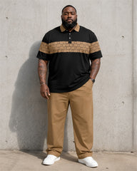 Big & Tall Men's Black Pattern Stitching Printed Polo Short Sleeve Pants Set