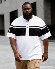 Big & Tall Men's Black And White Contrast Printed Henry Collar Button Short Sleeve T-Shirt