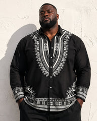 Big & Tall Men's Black African Ethnic Print Long Sleeve Shirt