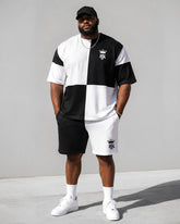 Big & Tall Men's Black And White Checkerboard Stitching Crown Printed Round Neck Short Sleeve T-shirt Shorts Set