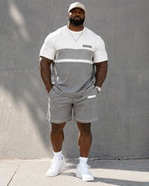 Big & Tall Men's Gray And White Horizontal Stripes Contrast Printed Crew Neck Short Sleeve T-shirt Shorts Set
