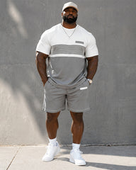 Big & Tall Men's Gray And White Horizontal Stripes Contrast Printed Crew Neck Short Sleeve T-shirt Shorts Set