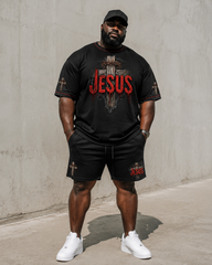 Big & Tall Men’s Thorned Cross JESUS Letter Print Crew-Neck Short-Sleeve T-Shirt And Shorts Set