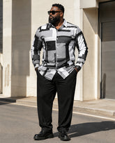 Big & Tall Men's Black And White Gray Irregular Block Printed Long Sleeve Shirt Trousers Set