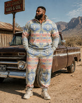 Big & Tall Men's Retro Western Diamond Totem Print Half Zip Sweatshirt Set