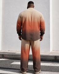Big & Tall Men's Retro Coffee Orange Gradient Printed Collar Long Sleeve Shirt Pants Suit