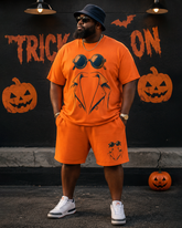 Big & Tall Men's Orange Sunglasses Suit Stick Figure Print Round Neck Short Sleeve T-shirt Shorts Set
