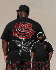 Big & Tall Men's Hand-painted Red Rose Front And Back Printed Crewneck Short Sleeve T-shirt Shorts Set
