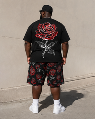 Big & Tall Men's Hand-painted Red Rose Front And Back Printed Crewneck Short Sleeve T-shirt Shorts Set