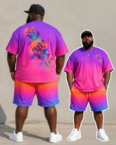 Big & Tall Men's Gradient Splash Ink Colorful Rose Printed Round Neck Short Sleeve T-shirt Shorts Set