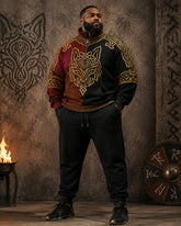 Big & Tall Men's Red And Black Colorblock Viking Wolf Totem Print Half Zip Sweatshirt Set