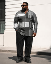 Big & Tall Men's Dark Gray Color Block Geometric Print Long Sleeve Shirt Trousers Set