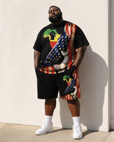 Big & Tall Men's Reggae Color Matching African Map Fist American Flag Printed Crewneck Short Sleeve T-Shirt Shorts Set