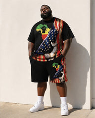 Big & Tall Men's Reggae Color Matching African Map Fist American Flag Printed Crewneck Short Sleeve T-Shirt Shorts Set