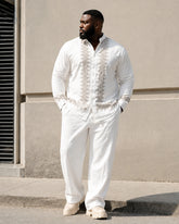 Big & Tall Men's Ethnic Geometric Printed Collar Long Sleeve Shirt Pants Set