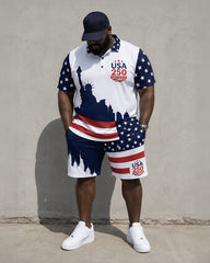 Big & Tall Men's Statue Of Liberty USA250 Printed POLO Short Sleeve Shorts Set