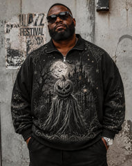 Big & Tall Men's Halloween Dark Castle Pumpkin Ghost Spider Print POLO Collar Zipper Long Sleeve
