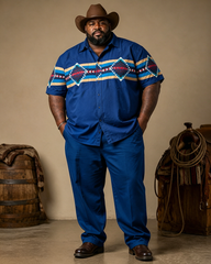 Big & Tall Men's Royal Blue Navajo Geometric Print Short Sleeve Shirt Pants Set