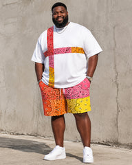 Big & Tall Men's Paisley Patchwork Printed Crewneck Short Sleeve T-Shirt Shorts Set