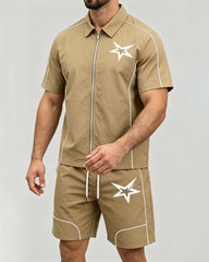 S-6XL Star Print Zip Shirt Set Beach Two-Piece Set