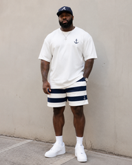 Big & Tall Men's Anchor Horizontal Stripe Printed Round Neck Short Sleeve T-Shirt Shorts Set