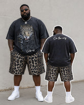 Big & Tall Men's Front And Back Printed Black Leopard Printed Round Neck Short Sleeve T-shirt Shorts Set