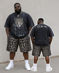 Big & Tall Men's Front And Back Printed Black Leopard Printed Round Neck Short Sleeve T-shirt Shorts Set